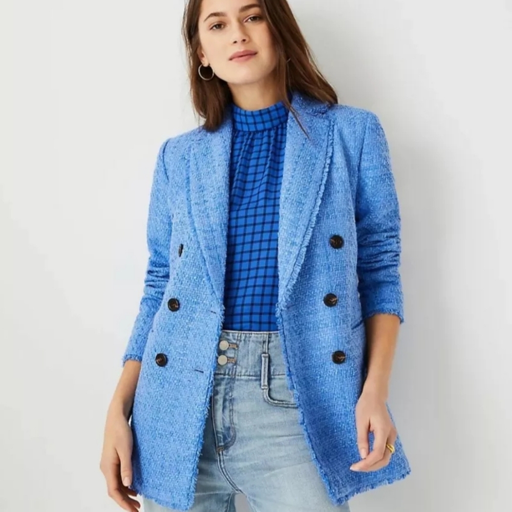 ANN TAYLOR, Fringe Tweed Double Breasted Blazer. NWOT - SZ 6